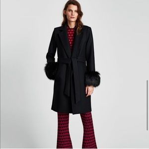 ZARA WOMAN WOOL BELTED  BLACK FUR CUFF LONG COAT